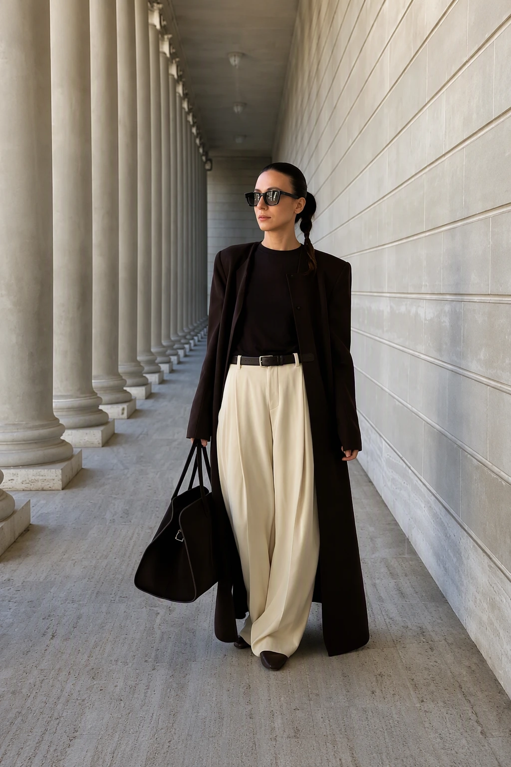 Dark Burgundy Coat + Burgundy Sweater + Cream Wide Trousers