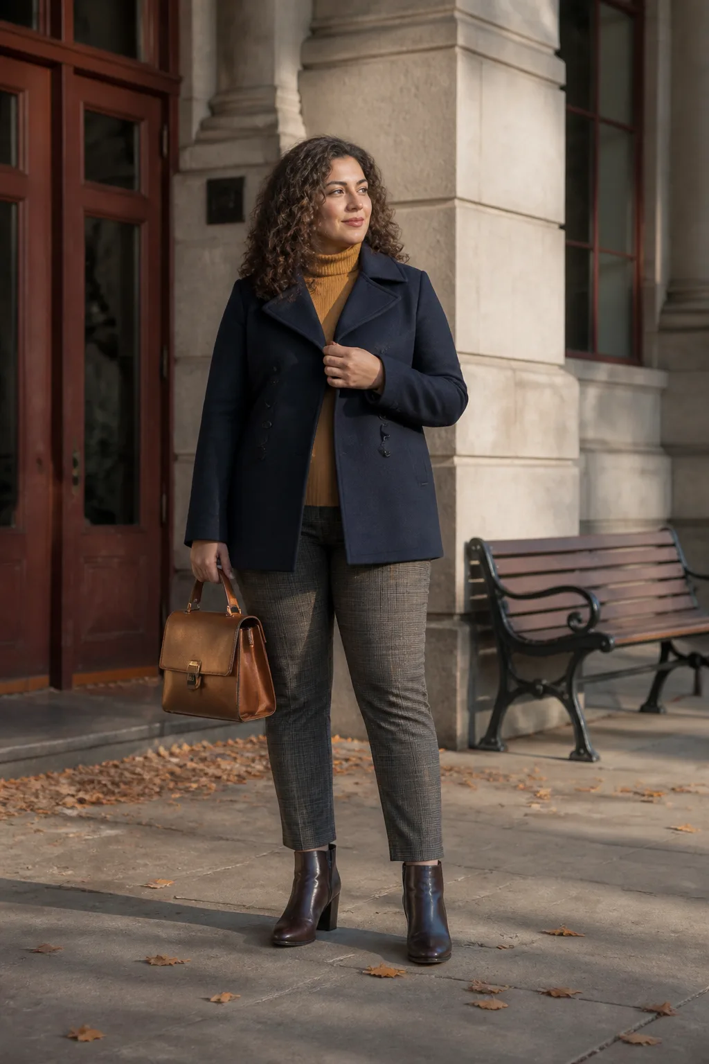 Dark Chocolate Ankle Boots with a Checked Trousers Outfit