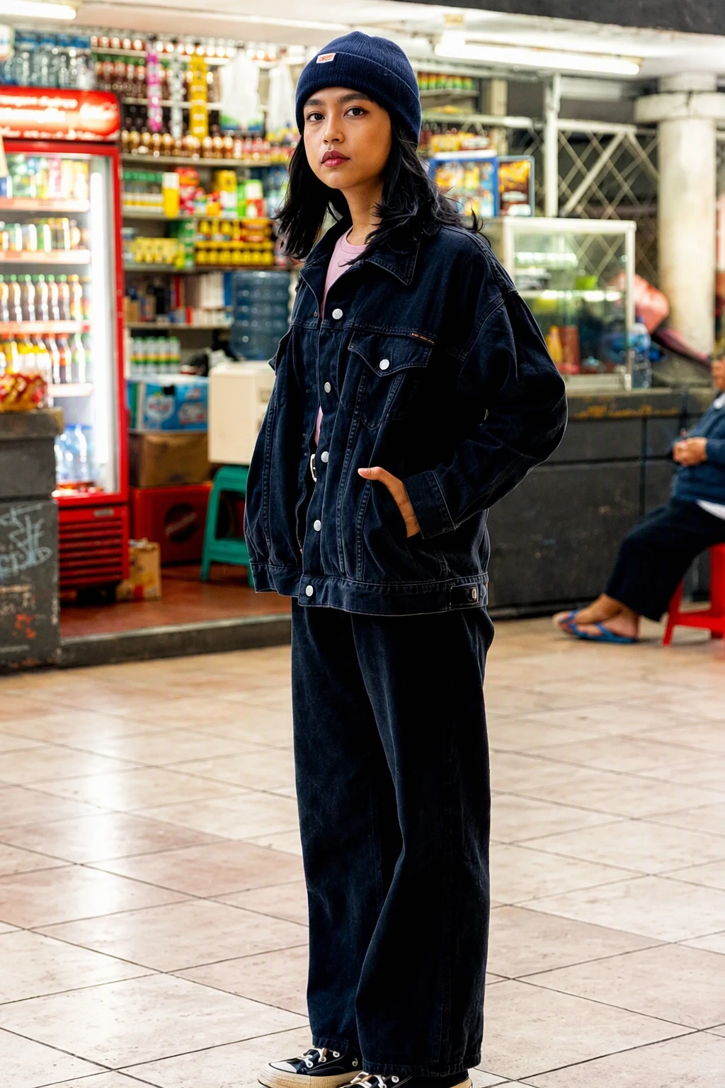 Dark Denim Oversized Jacket + Black Wide-Leg Pants + Navy Knit Beanie + Black Low-Top Sneakers