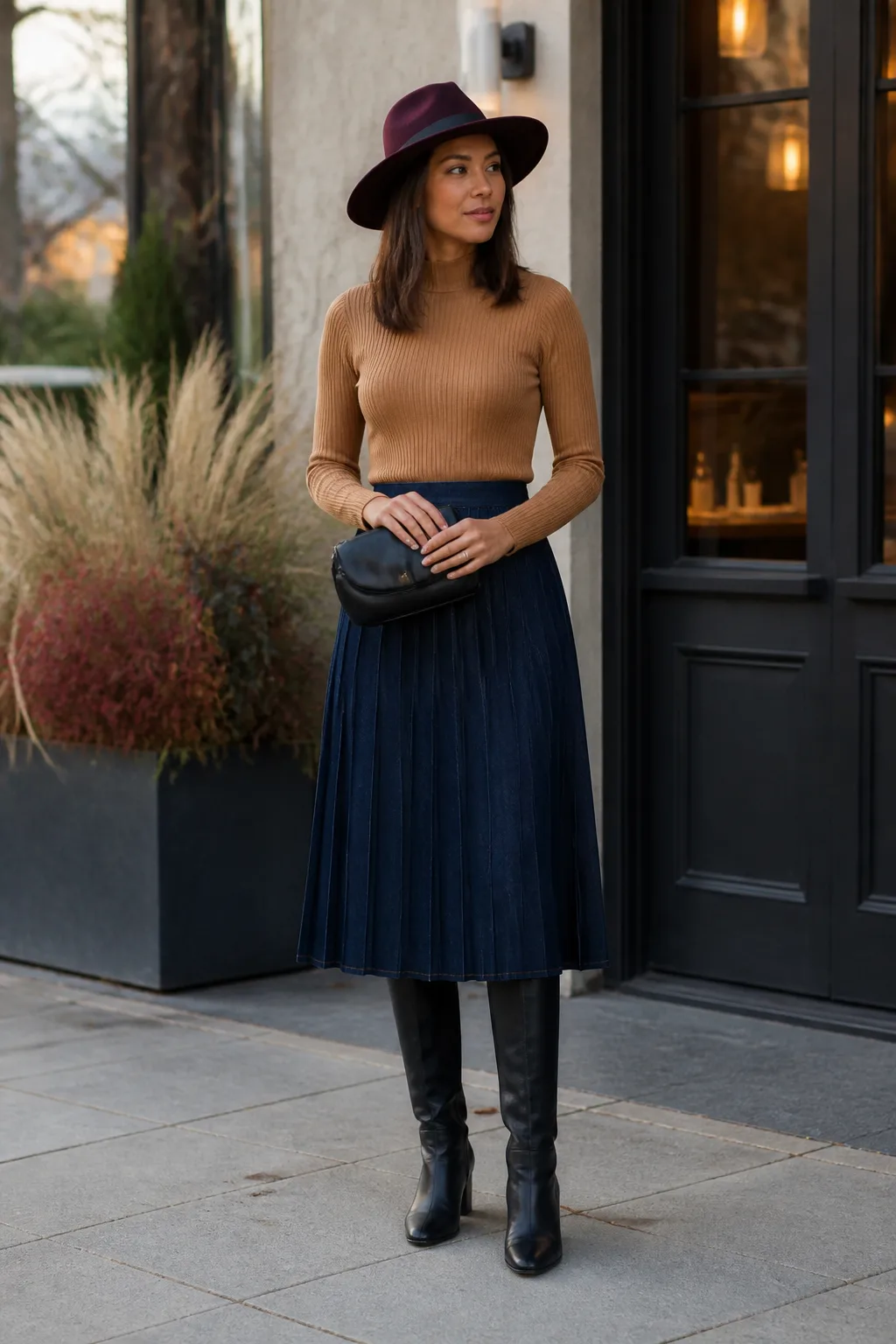 Dark Denim Pleated Skirt with Camel Ribbed Sweater