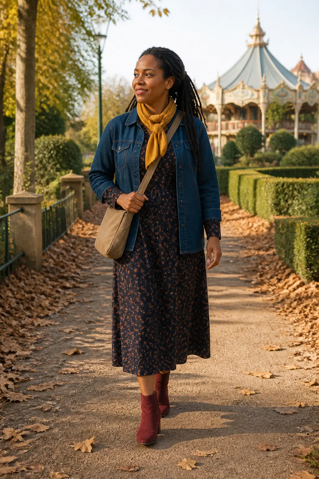 Dark Denim Shirt Jacket, Floral Dress and Ankle Boots