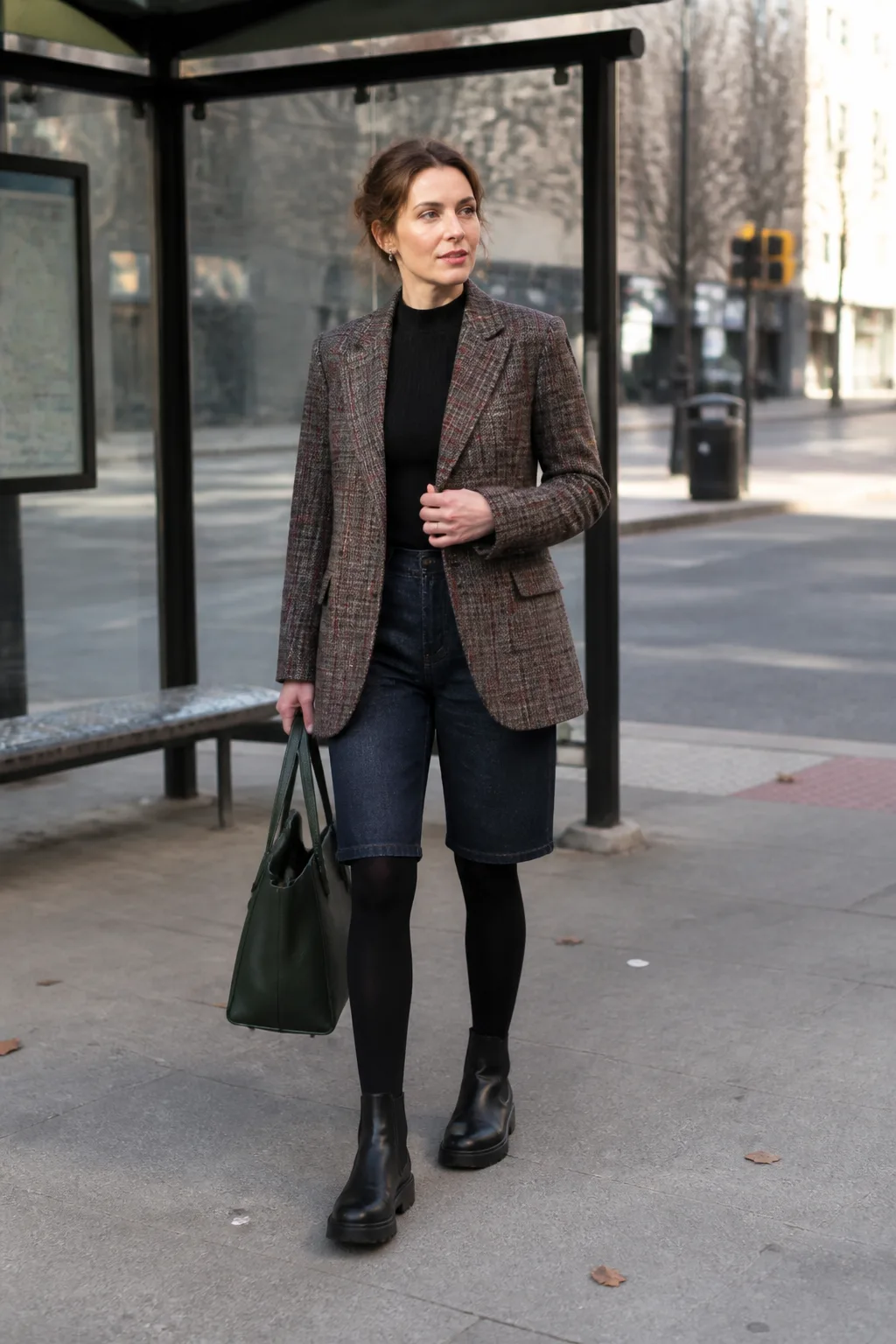 Dark Denim Shorts with a Checked Blazer
