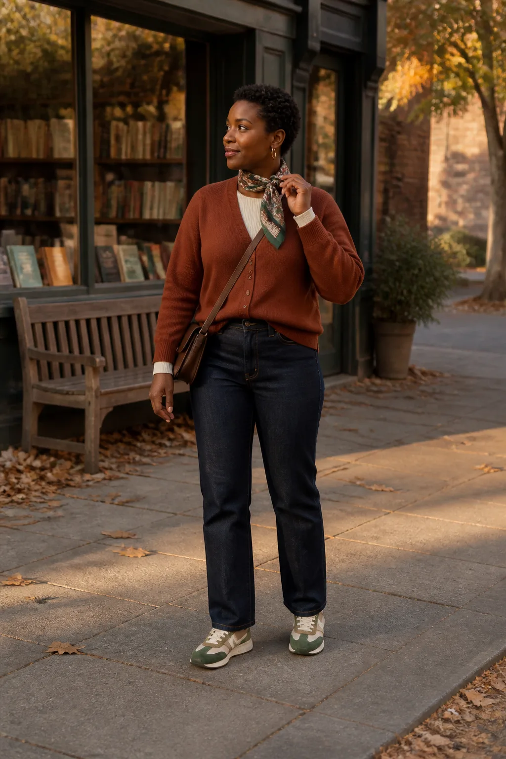 Dark Straight-Leg Jeans, Rust Cardigan, and Retro Sneakers