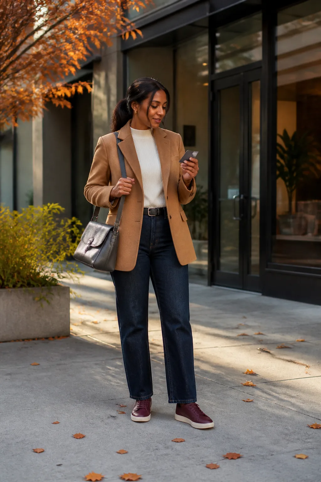 Dark-Wash Jeans, Camel Blazer, and Burgundy Sneakers