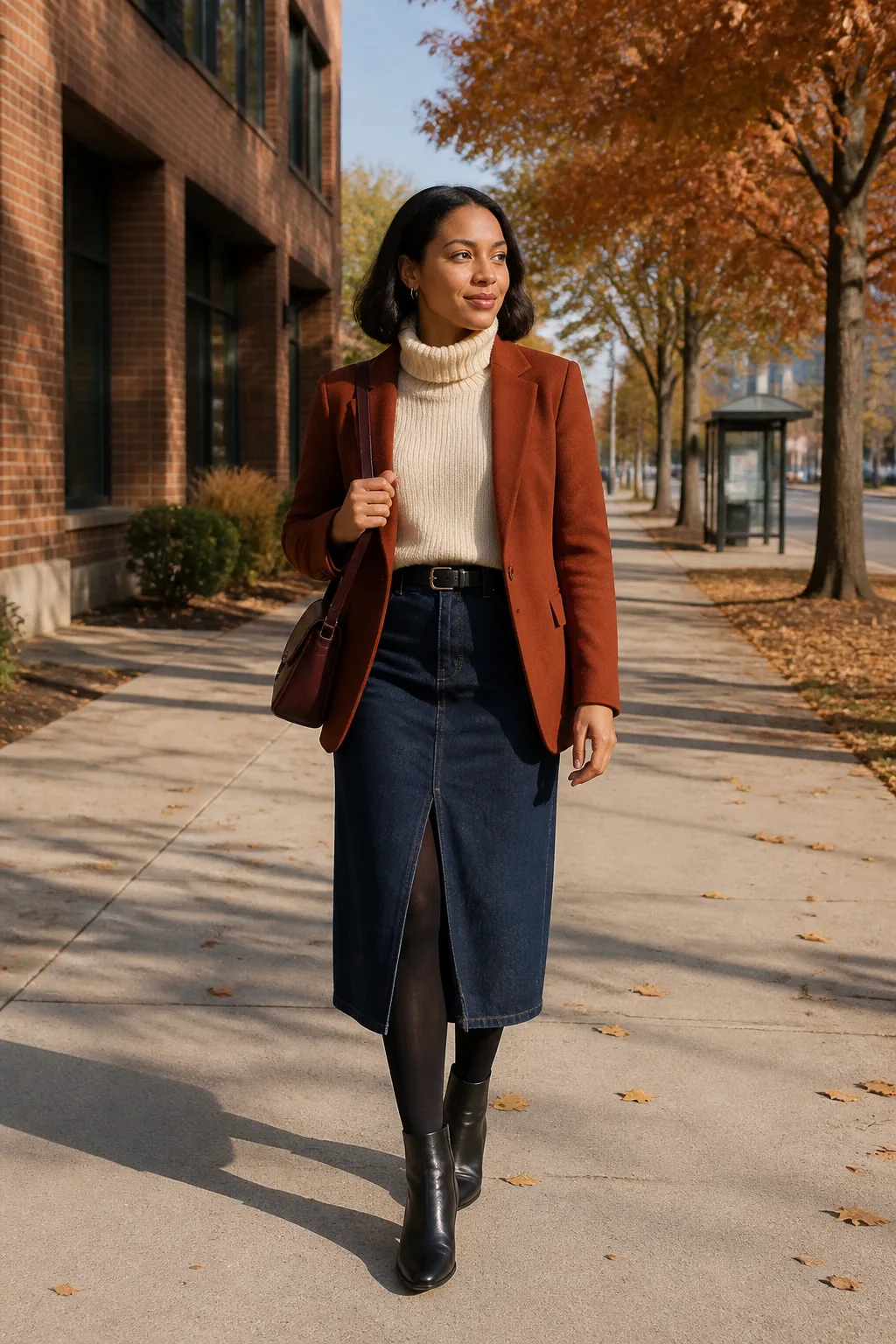 Dark-Wash Midi Denim Skirt with Merino Turtleneck