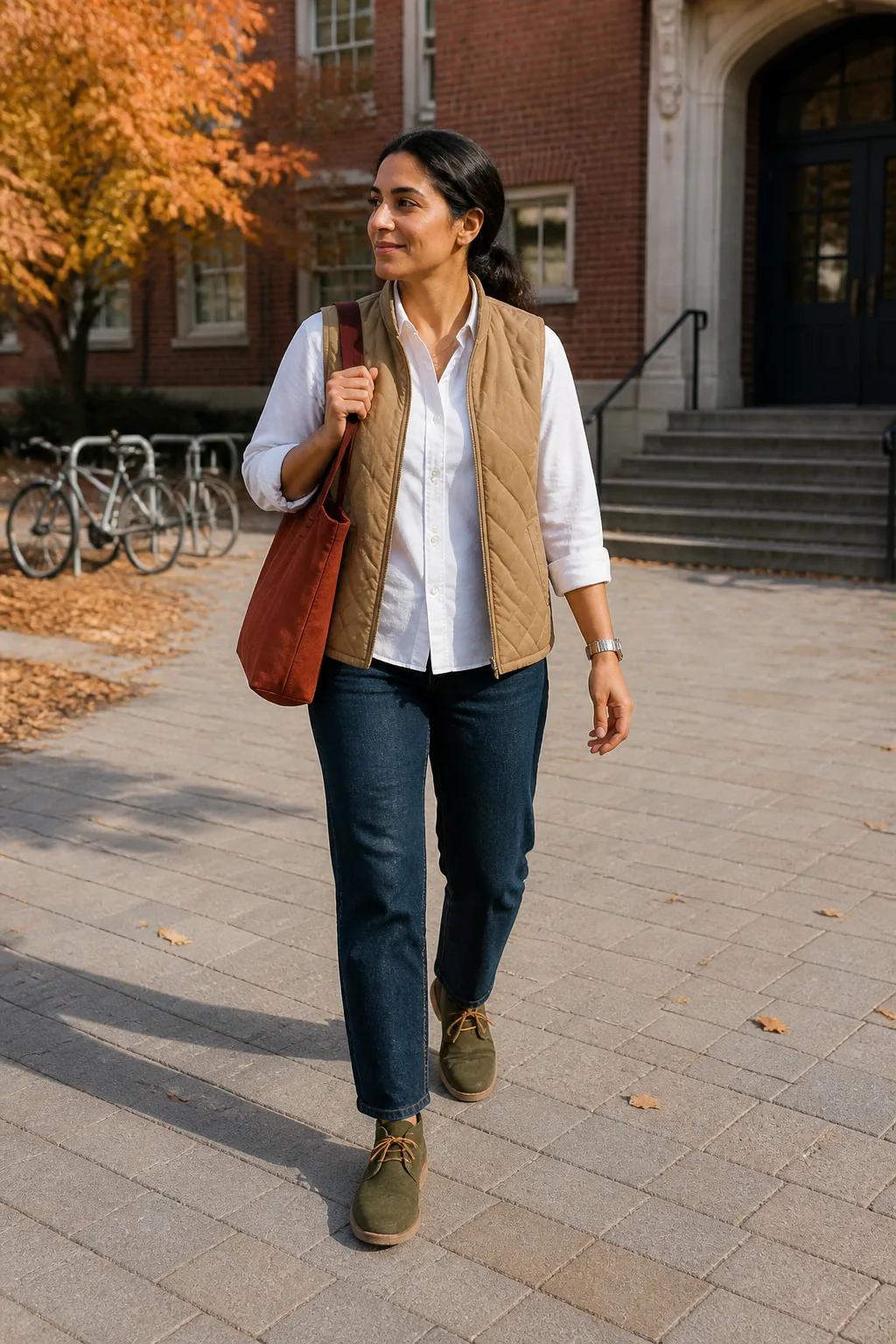 Dark-Wash Straight Jeans with a Camel Vest