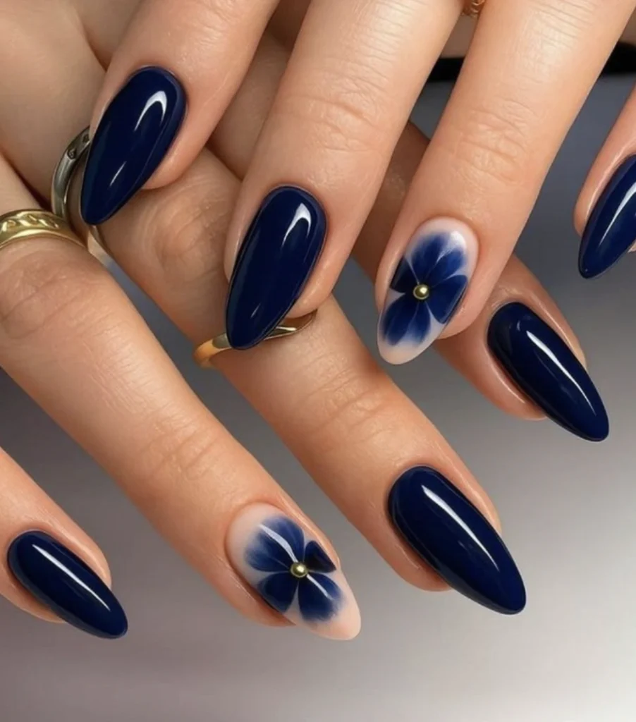 Deep Navy Almond Nails with Watercolor Floral Accent