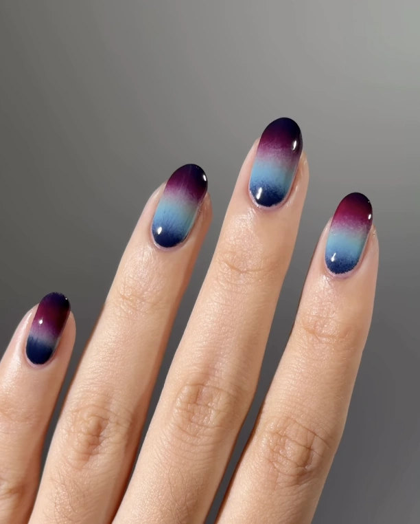 Deep Plum to Sky Blue Ombre Oval Nails