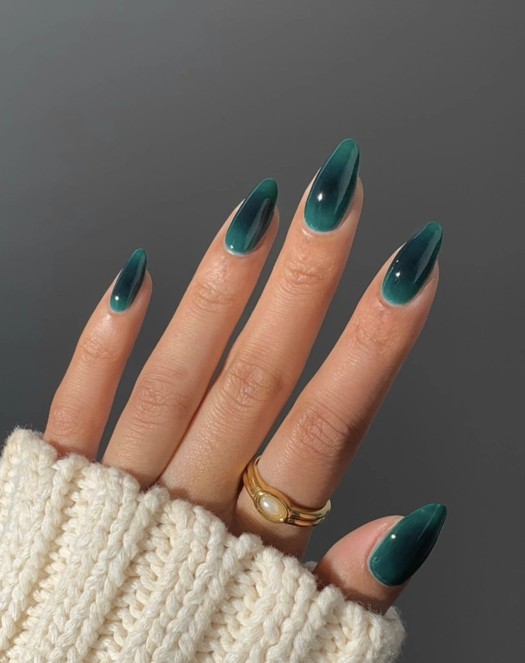 Deep Teal Almond Aura Nails with Gloss Finish
