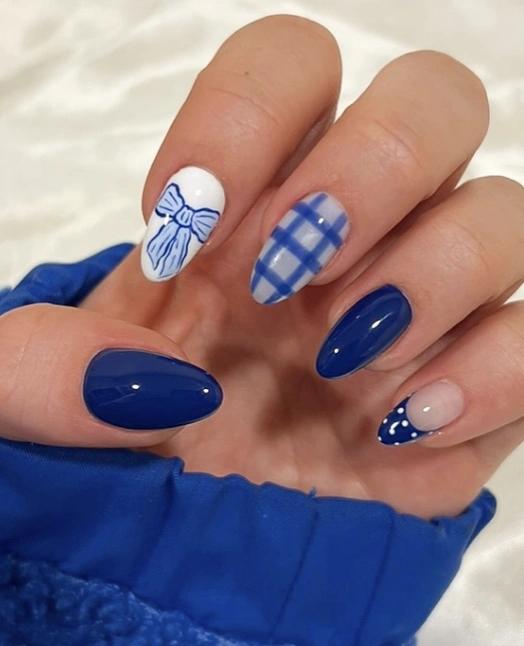 Delftware-Inspired Almond Nails with Bow, Gingham, and Polka Dots