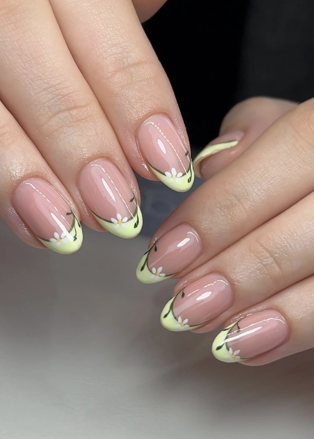 Delicate Daisy Vine on Pastel Yellow French Tip Nails