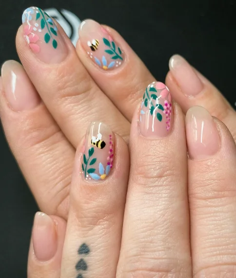 Delicate Floral and Bee Garden Sheer Nails