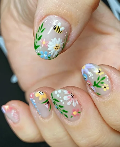 Delicate Floral Garden with Bumble Bee Accent Nails