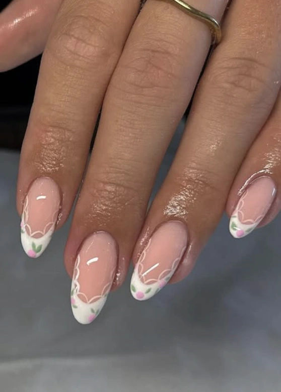 Delicate Floral Lace Accent Nails on Almond Shaped Tips