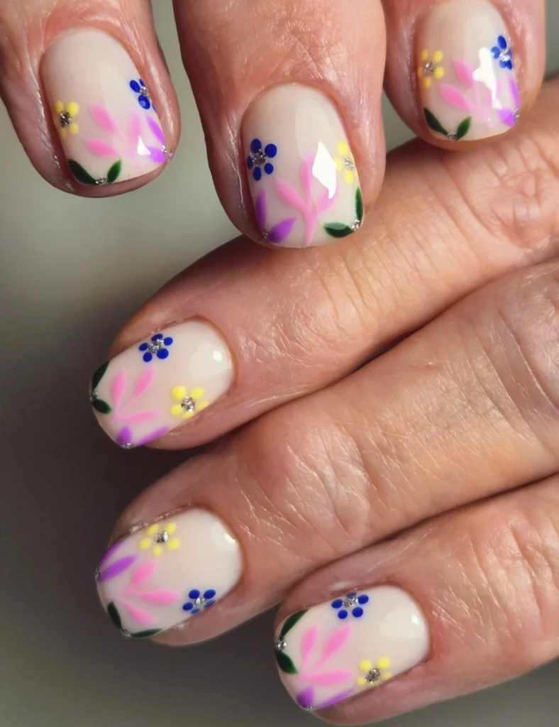 Delicate Floral Nail Art on Nude Base