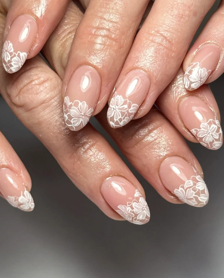 Delicate Floral White Lace Nails on Almond Shaped Tips