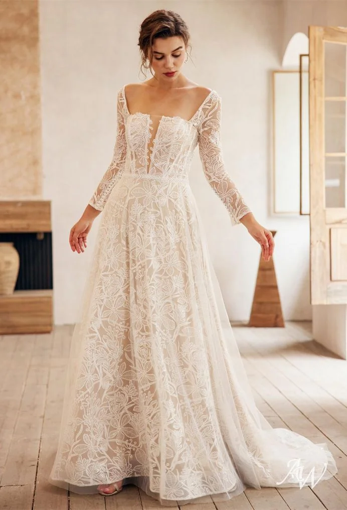 Delicate Lace A-Line Dress with Sheer Long Sleeves