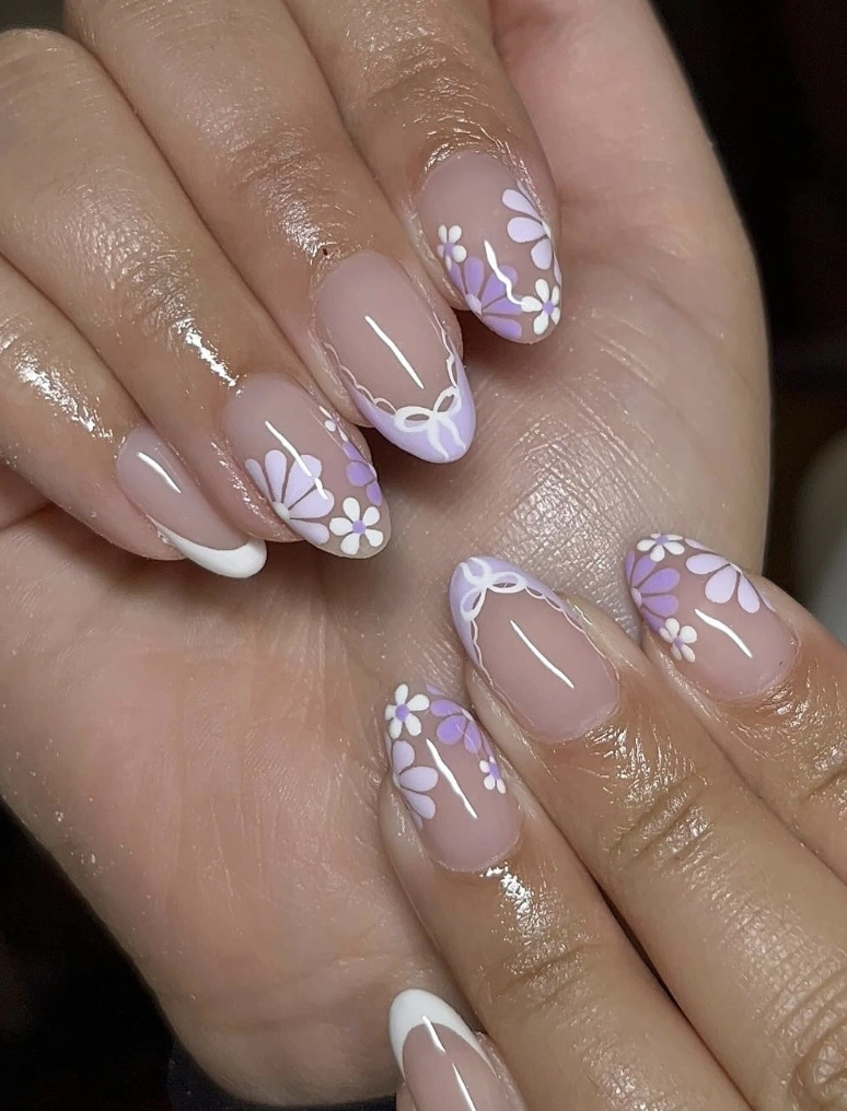 Delicate Lavender Floral Nails with White Tips and Glossy Finish