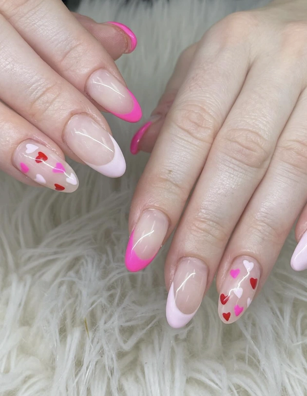 Delicate Pink French Tips with Scattered Hearts