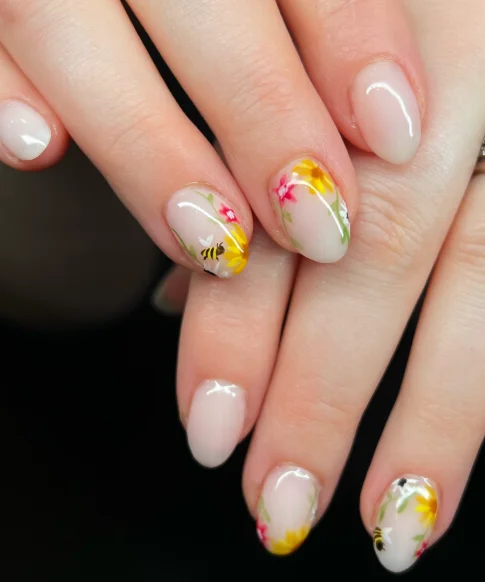 Delicate Sheer Nails with Floral Bee Touches