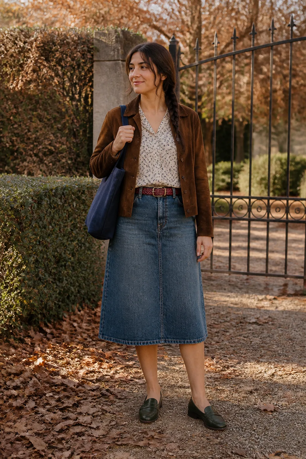 Denim A-Line Skirt with Printed Blouse and Suede Jacket