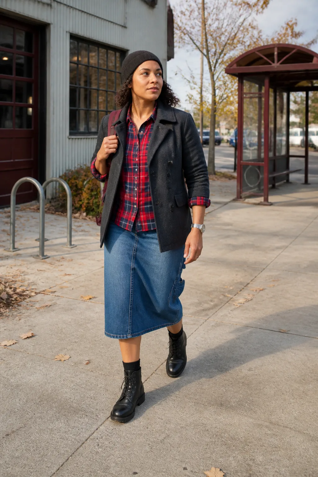 Denim Carpenter Skirt with Plaid Flannel Shirt
