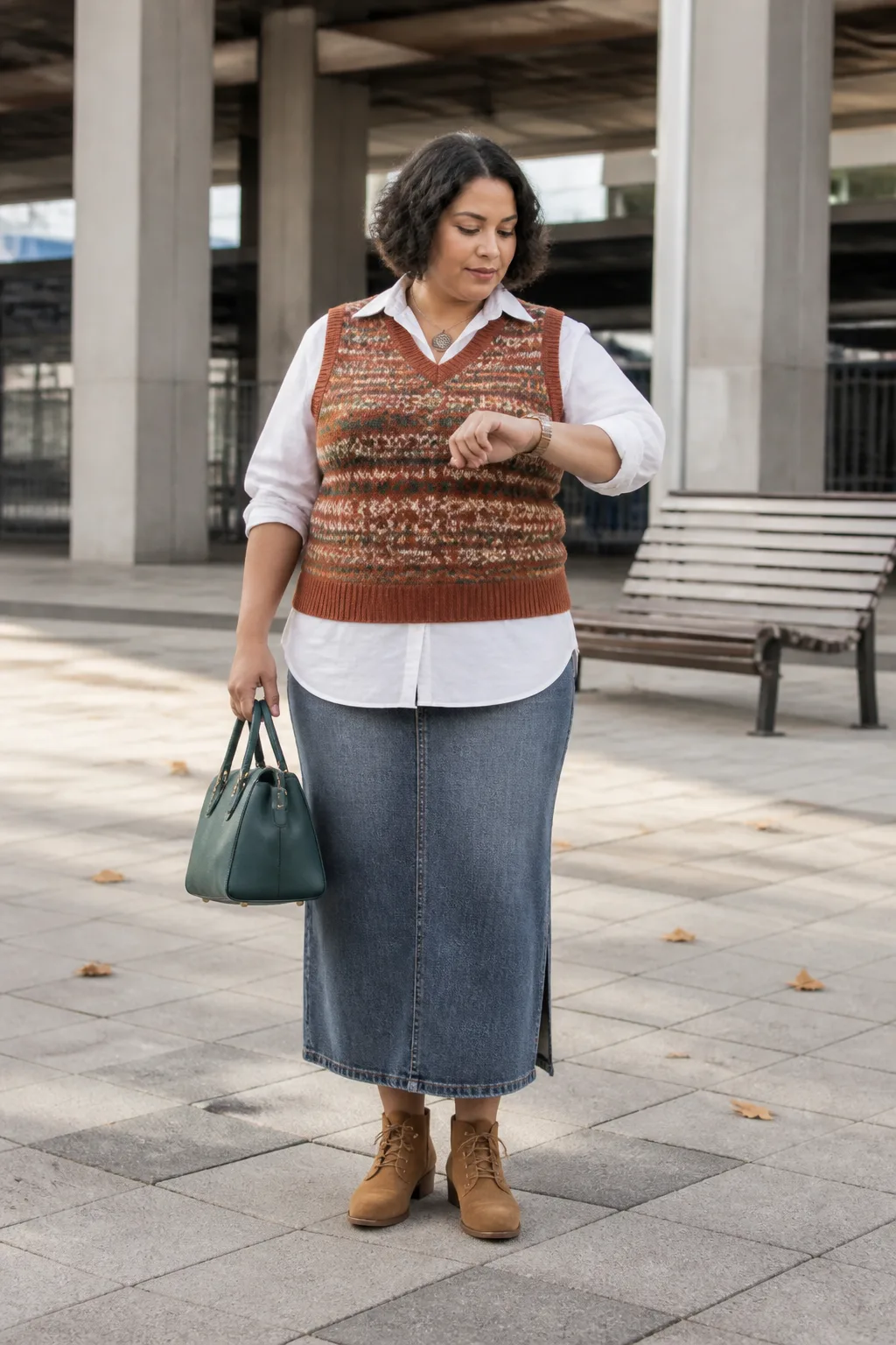 Denim Column Skirt with Fair Isle Vest