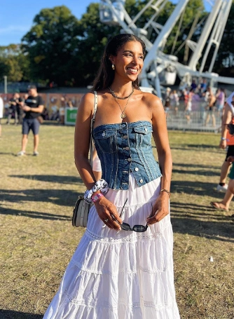 Denim Corset Top + White Tiered Maxi Skirt