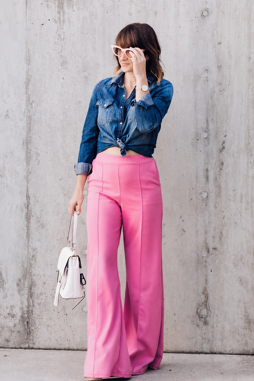 Denim Cropped Top + Pink Wide-Leg Pants