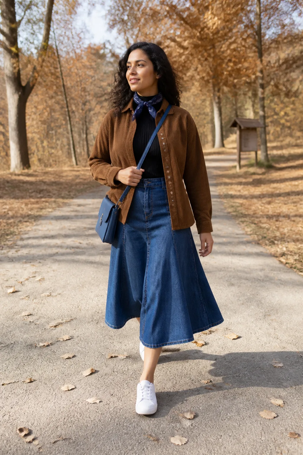 Denim Godet Skirt with Corduroy Overshirt