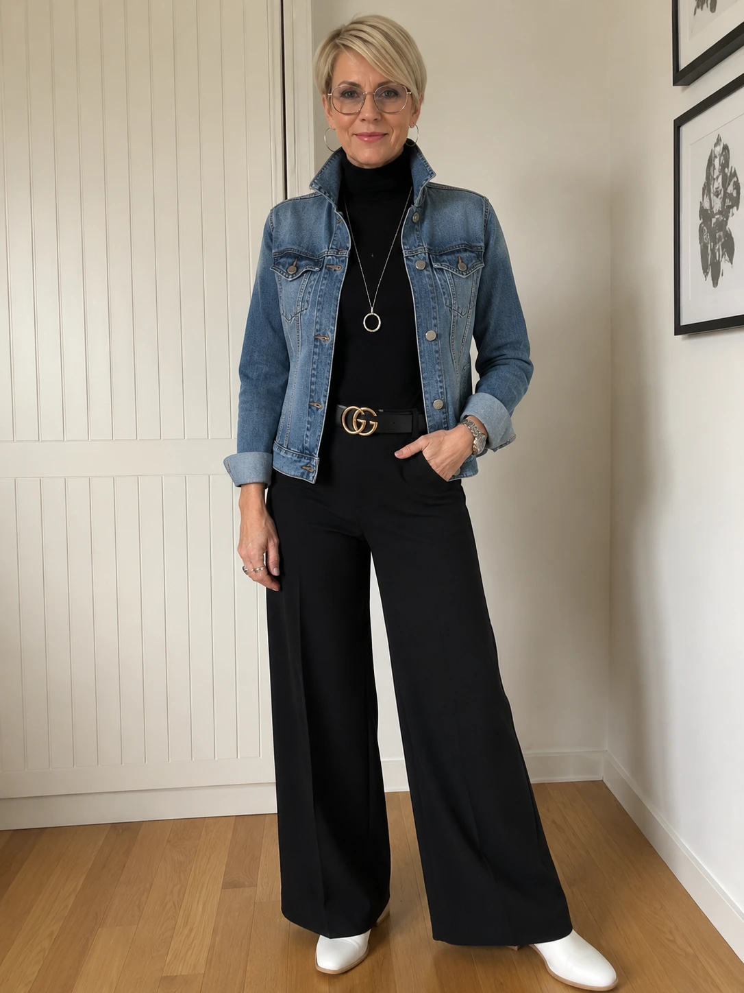 Denim Jacket + Black Turtleneck + Wide-Leg Pants