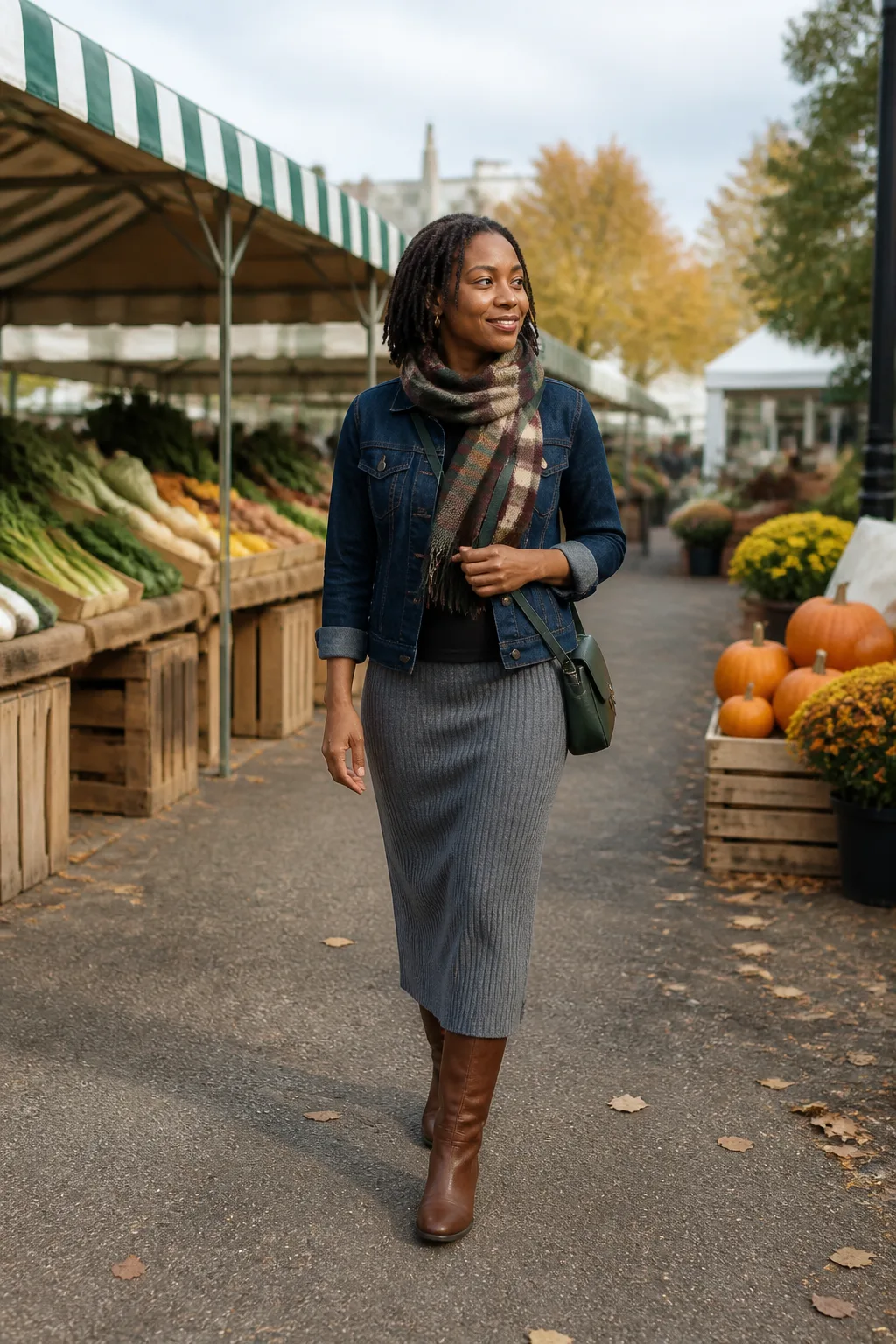 Denim Jacket, Knit Skirt, and Riding Boots