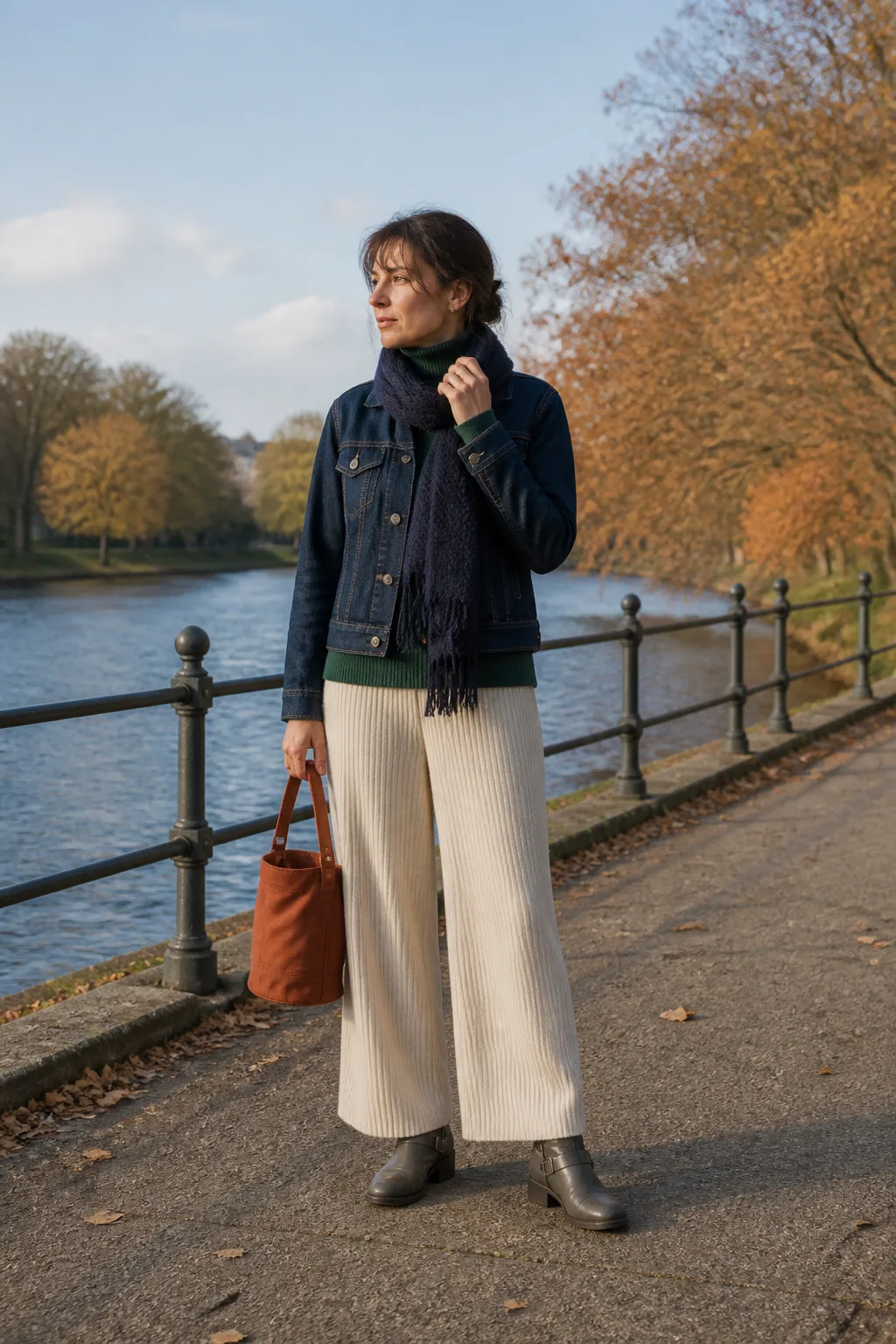 Denim Jacket, Knit Trousers and Gray Engineer Boots