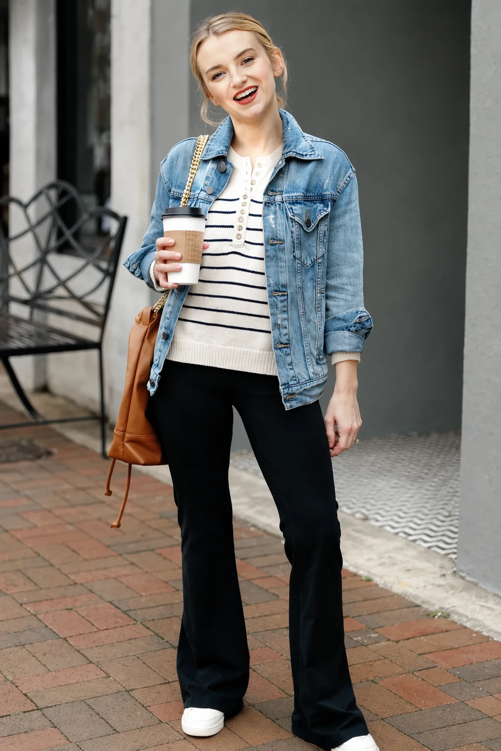 Denim Jacket + Striped Sweater + Black Leather Leggings Outfit Fall + White Sneakers