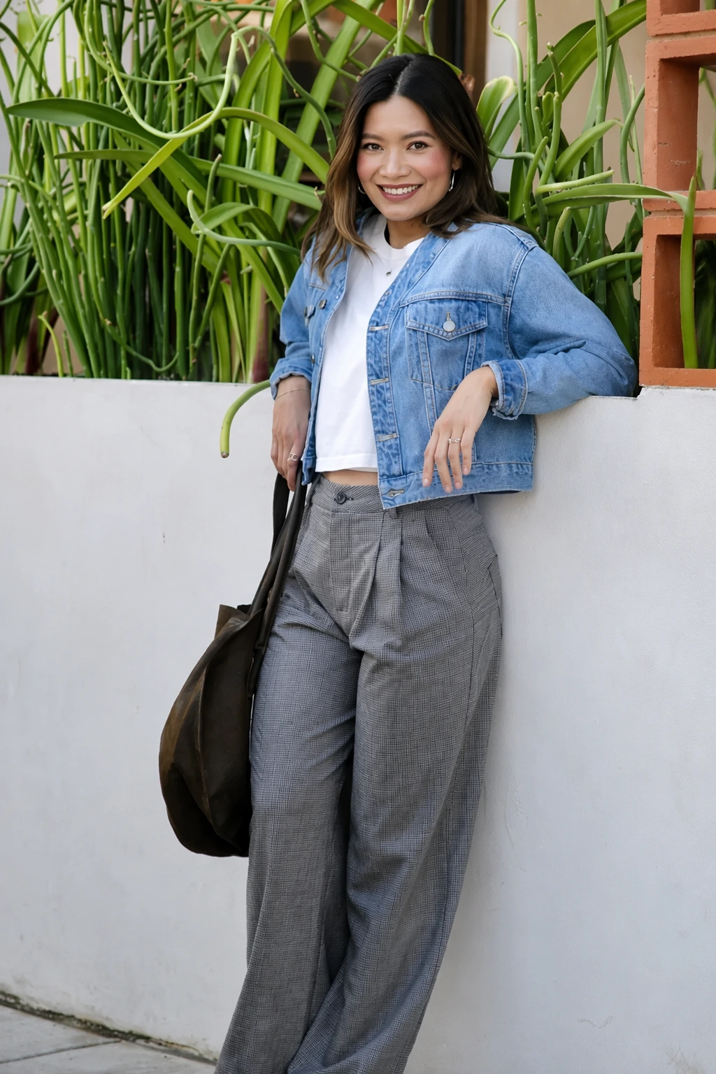 Denim Jacket + White T-Shirt + Wide Leg Grey Pants