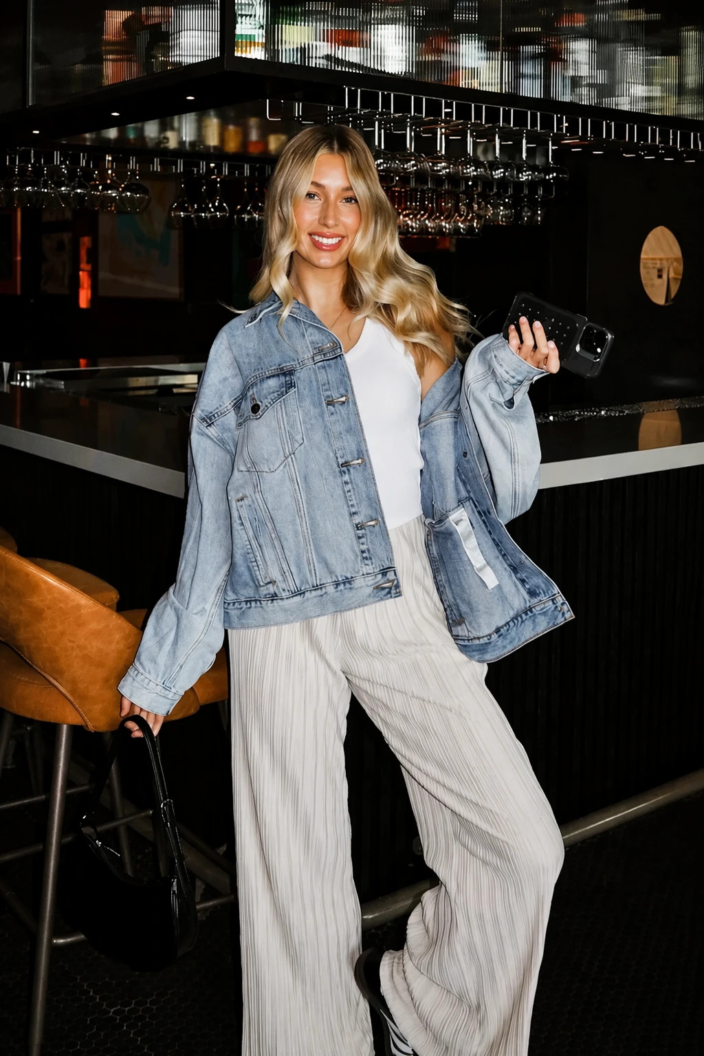 Denim Jacket + White Tank + Plisse Trousers Outfit + Shoulder Bag