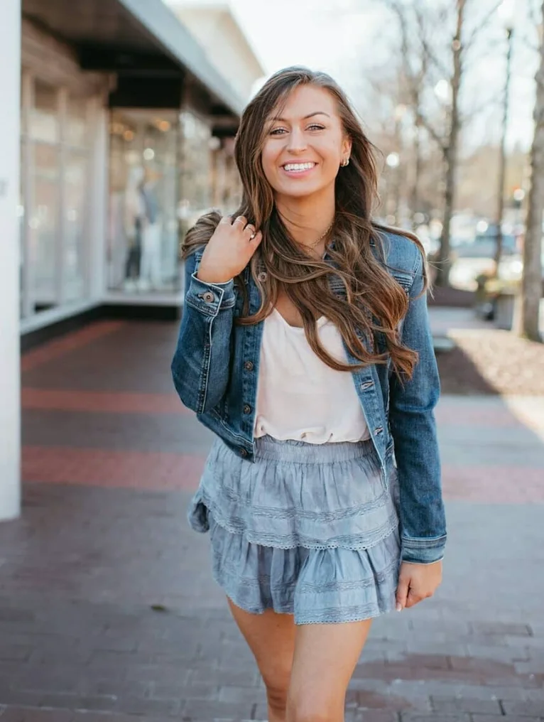 Denim Jacket + White Tank Top + Tiered Ruffle Skirt