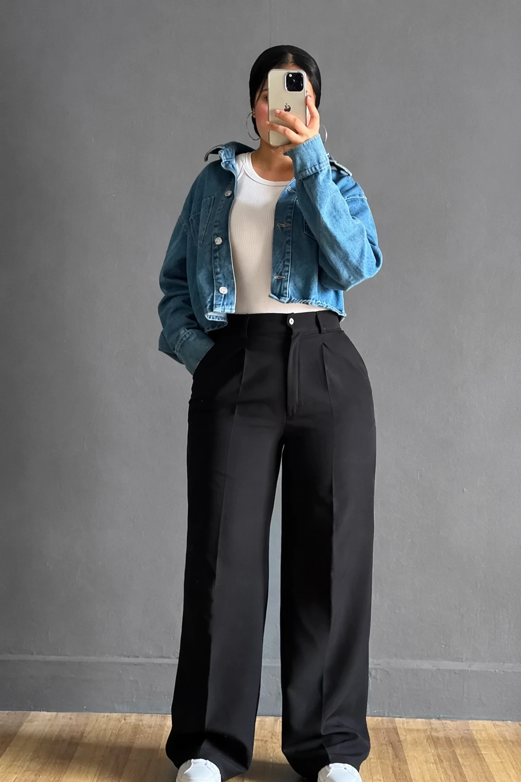 Denim Jacket + White TOP + Black Wide Leg Pants