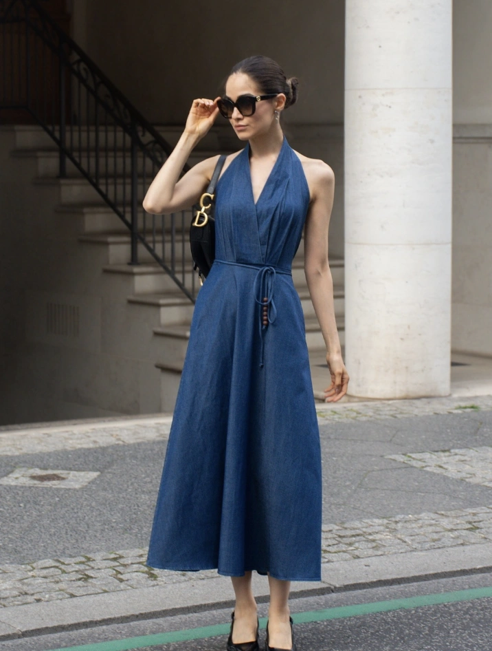 Denim Maxi Dress + Black Sunglasses + Elegant Heels + Chic Handbag