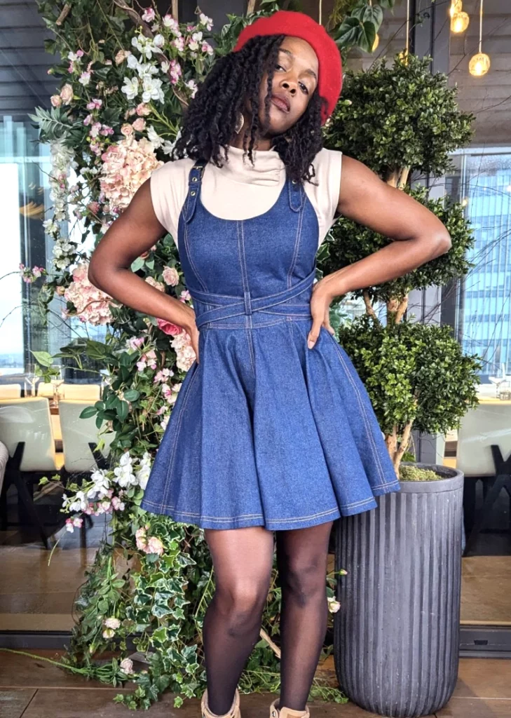 Denim Overall Dress + Neutral Turtleneck Top + Red Beret + Ankle Boots