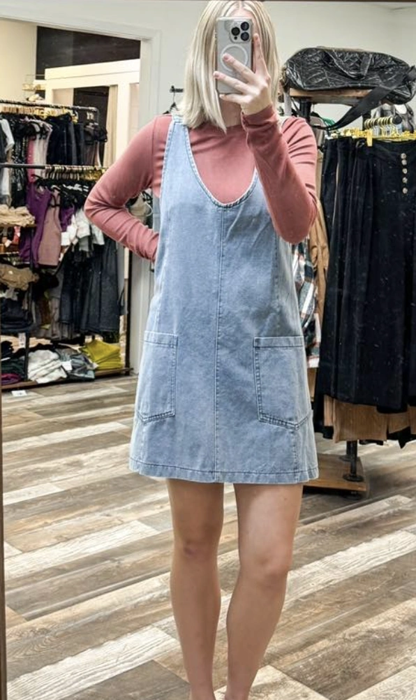 Denim Overall Dress + Rust Long Sleeve Top + Casual White Sneakers