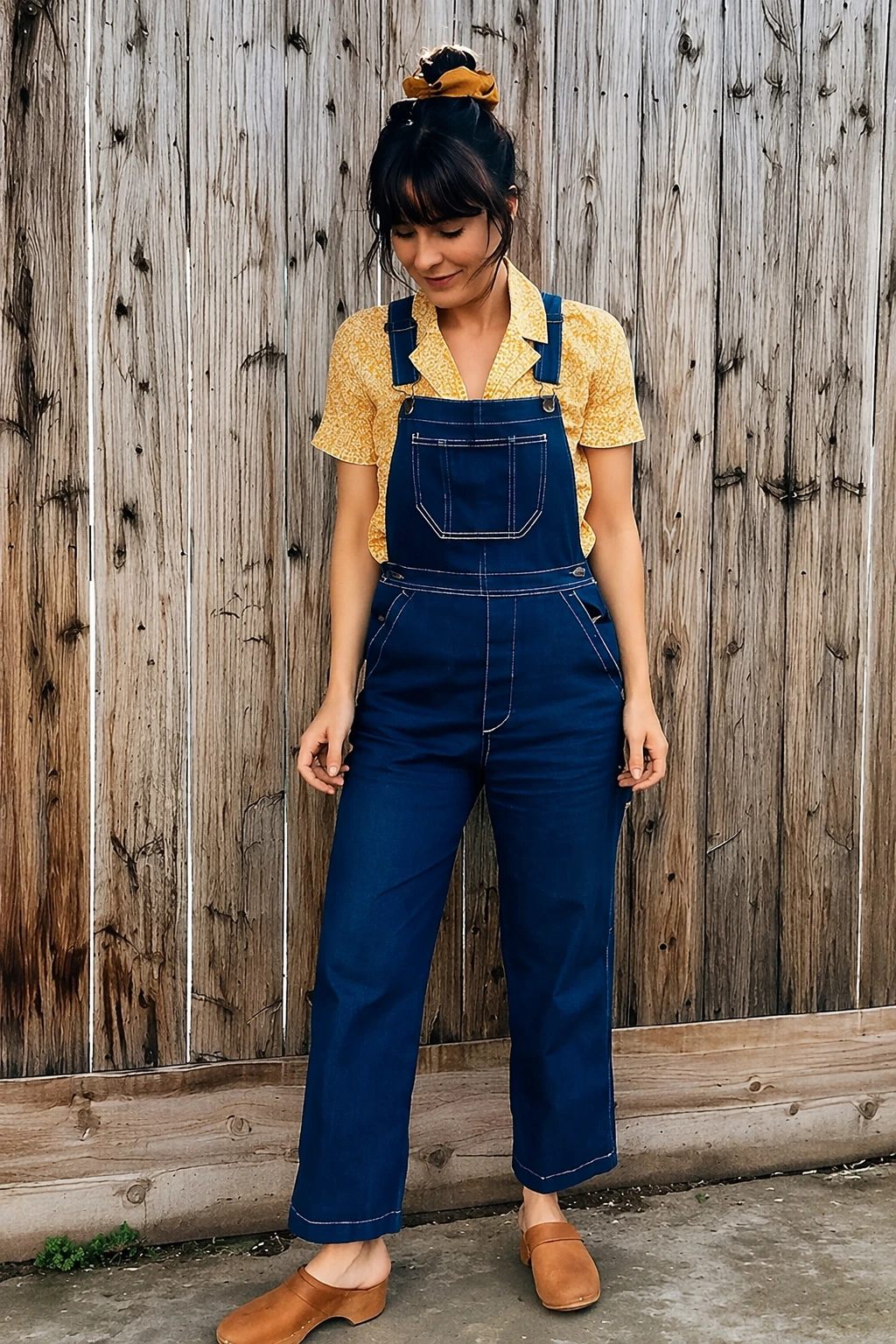 Denim Overall Pants + Yellow Floral Blouse + Brown Clog Sandals