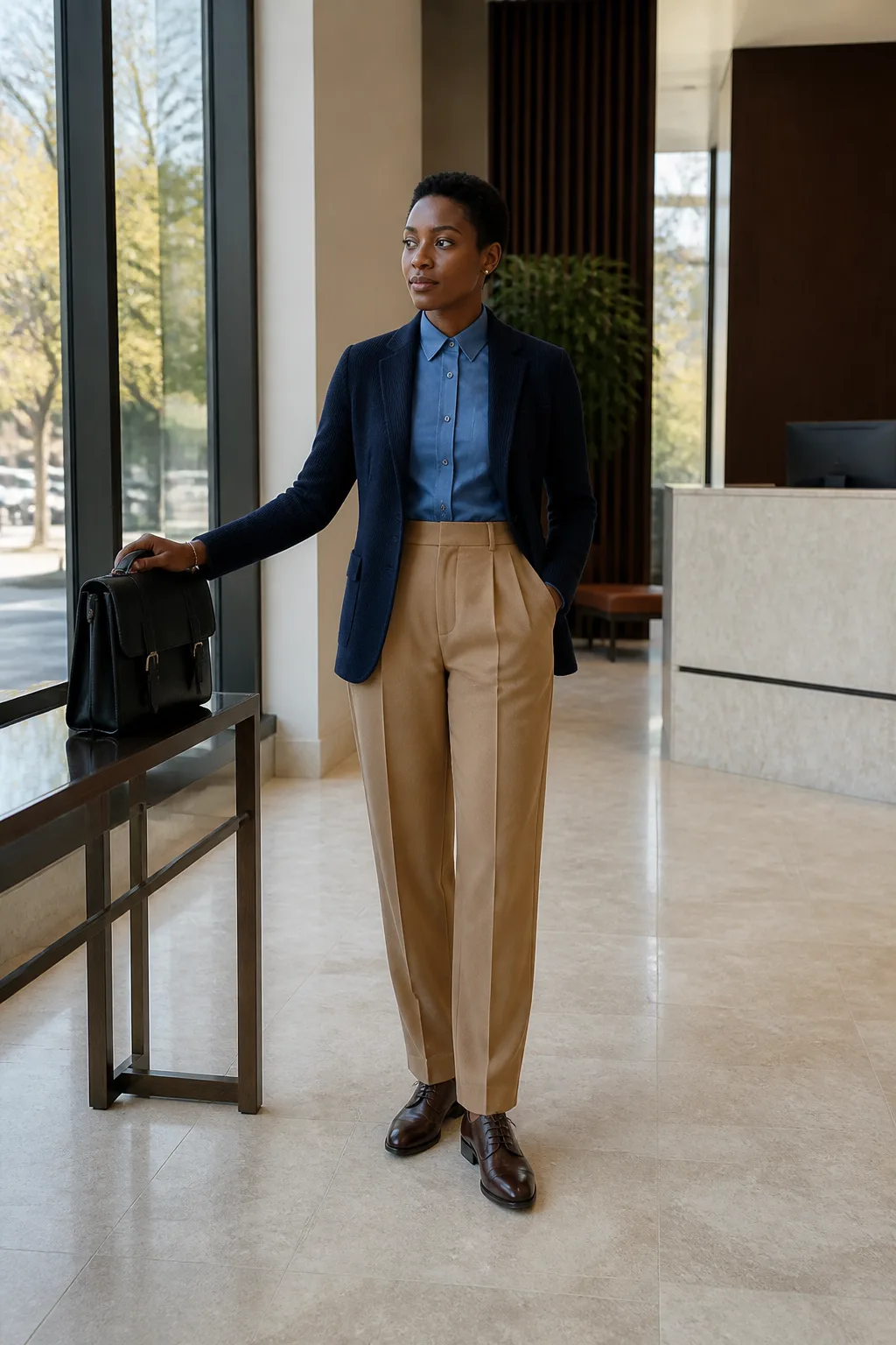 Denim Shirt, Camel Trousers, and Navy Blazer