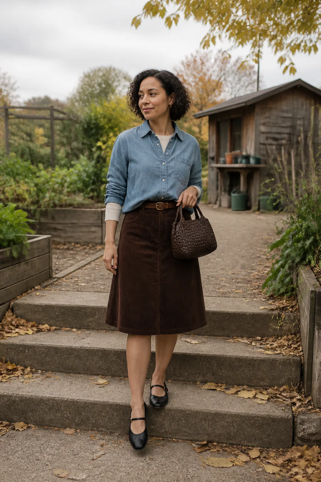 Denim Shirt, Cord Skirt, and Mary Janes