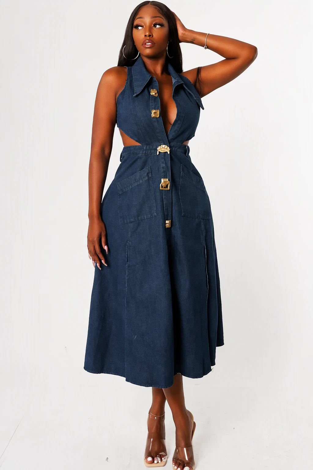 Denim Shirt Dress Cut-Out Design Button Details