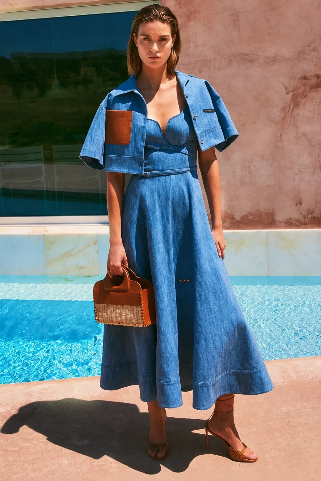 Denim Shirt Dress Flared Skirt + Brown Handbag + Strappy Heels
