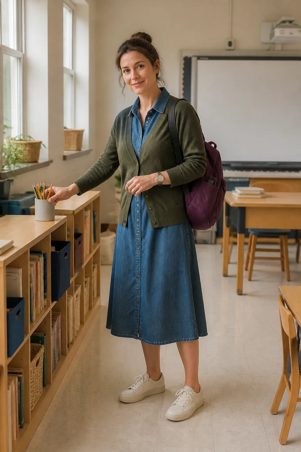 Denim Shirt Dress, Olive Cardigan, and Sneakers