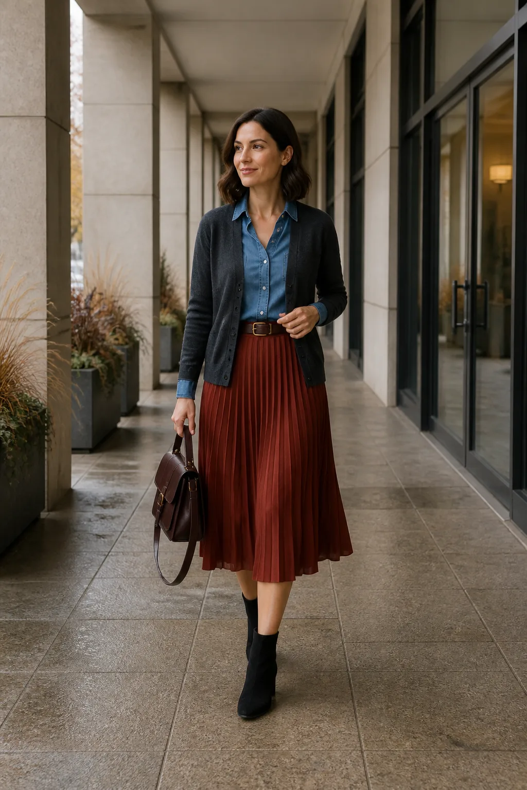 Denim Shirt, Pleated Skirt and Heeled Ankle Boots