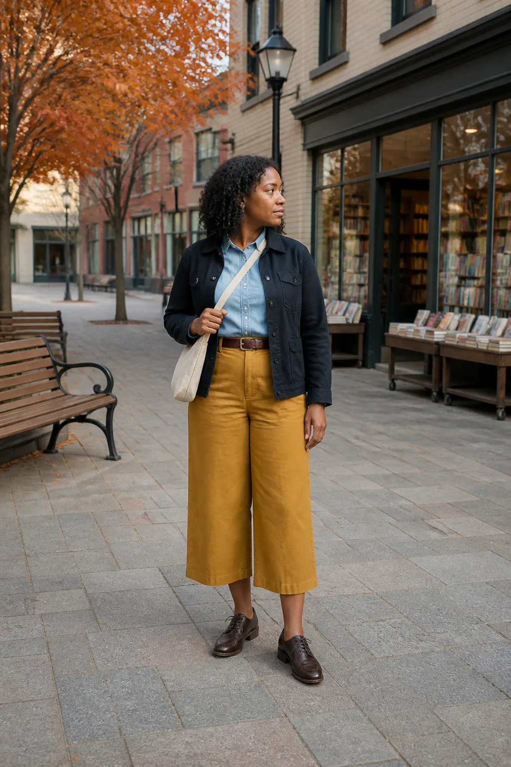 Denim Shirt with Mustard Culottes