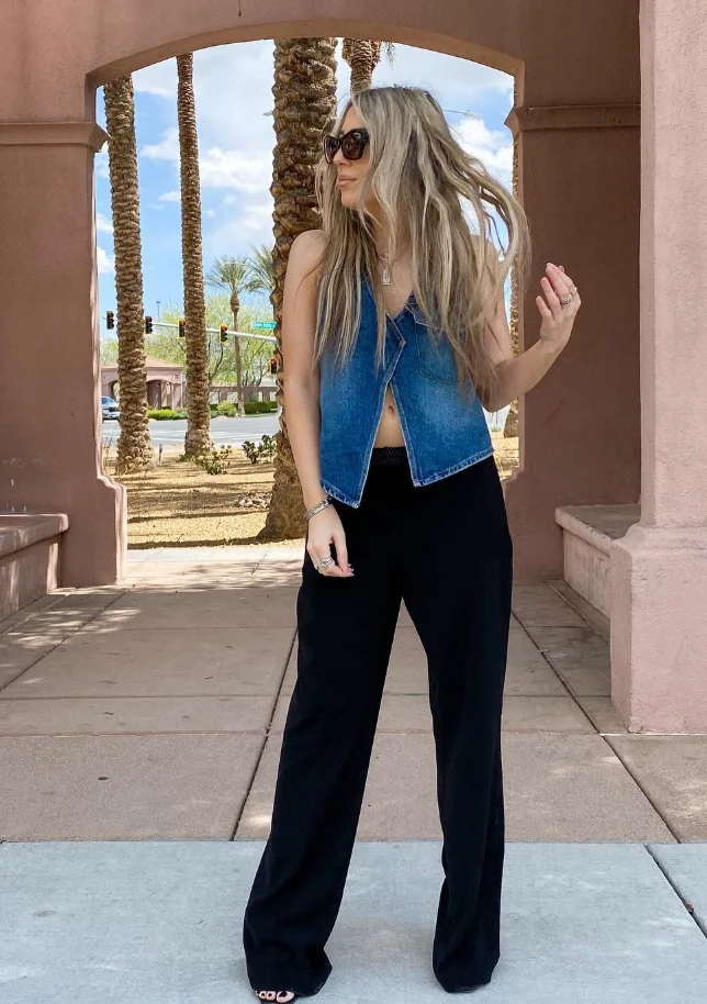 Denim Vest + Black Wide-Leg Pants + Oversized Sunglasses